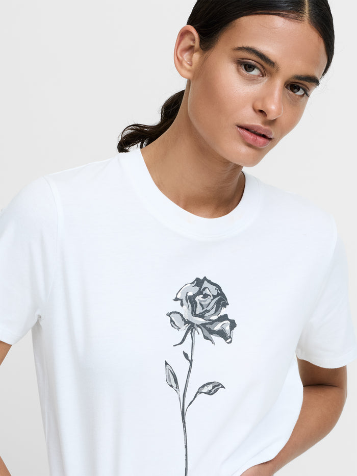 White Cotton Jersey Rose Print T-Shirt