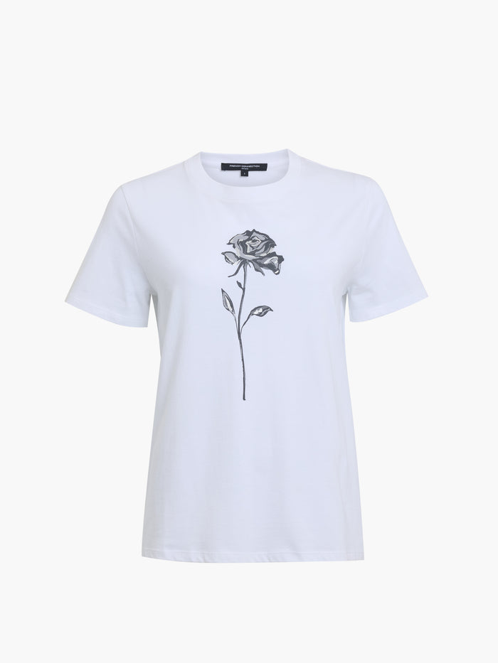 White Cotton Jersey Rose Print T-Shirt